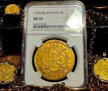 Load image into Gallery viewer, SPAIN 1709/8 PHILIP V 8 ESCUDOS NGC 55 PIRATE GOLD COINS TREASURE DOUBLOON LOOT