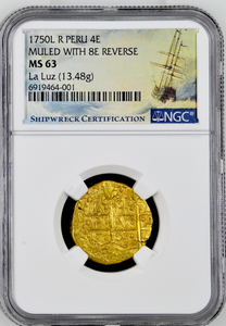 PERU 4 ESCUDOS 1750 "LA LUZ 1752 SHIPWRECK" NGC 63 PIRATE GOLD COINS TREASURE