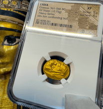 Load image into Gallery viewer, LYDIA STATER HEAVY WEIGHT WORLD 1ST GOLD COINAGE CROESUS 561BC NGC XF 5x4 LION