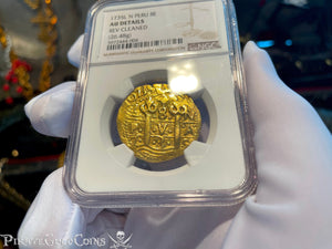 PERU 1735 DOUBLE DATED 8 ESCUDOS STAR of LIMA NGC AU PIRATE GOLD COINS TREASURE