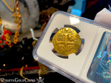 Load image into Gallery viewer, PERU 1735 DOUBLE DATED 8 ESCUDOS STAR of LIMA NGC AU PIRATE GOLD COINS TREASURE